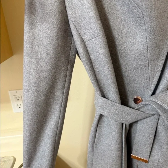 Ted Baker Wool Cashmere trench coat silver gray pink belted size UK2 US 6 - Picture 3 of 9